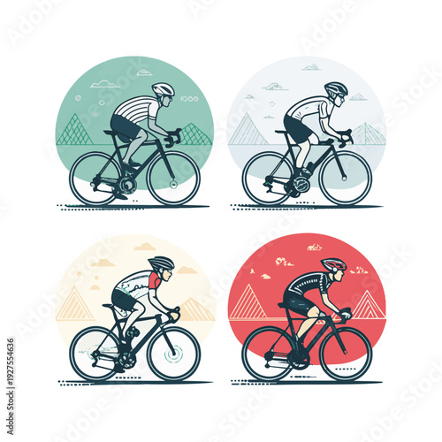 Four cyclists in circular frames with mountain backgrounds cycling bike