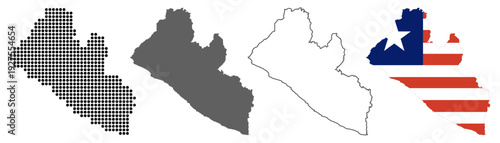 Liberia country map vector set with dotted pattern solid silhouette outline and national flag illustration