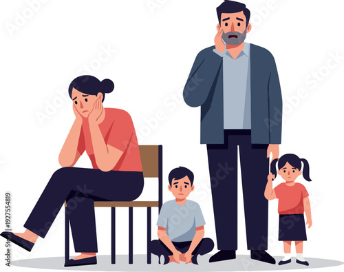 Worried Family With Two Kids On White Background Flat Design