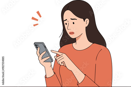Worried Woman Using Smartphone Flat Minimalist Illustration with Orange Top