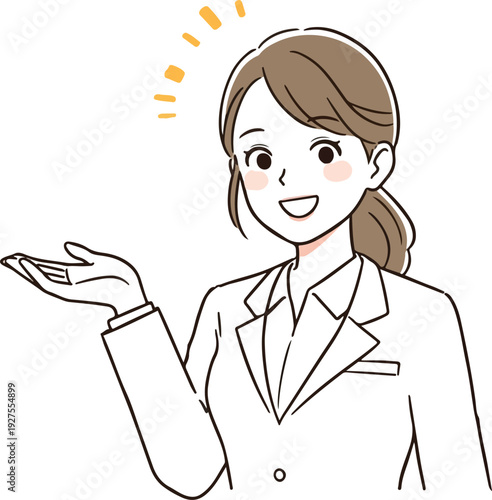 Smiling Woman Doctor Presenting with White Lab Coat and Light Brown Hair