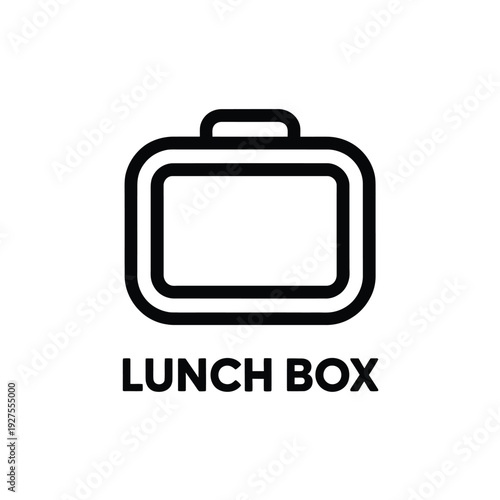 Simple black and white line drawing of a lunch box with text