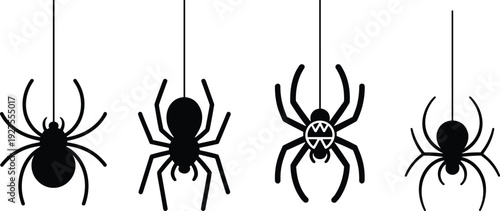 Hanging spider silhouette collection vector illustration, creepy Halloween arachnid icons isolated black design set
