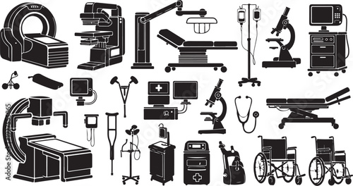 Medical equipment and hospital tools illustration set in black