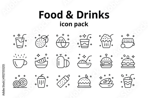 Food and drinks icon pack with various edible items and beverages