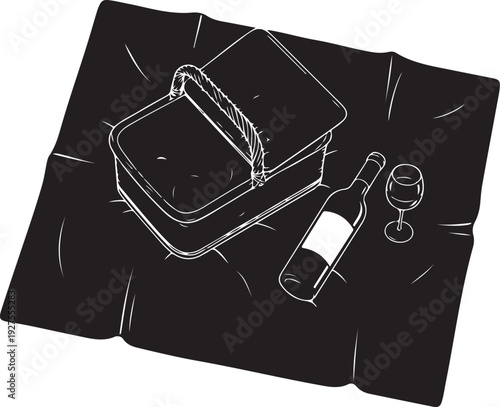 Angled View Picnic Setup with Wicker Basket, Wine Bottle, and Glass on a Dark Blanket, Outline Style , Generative Ai