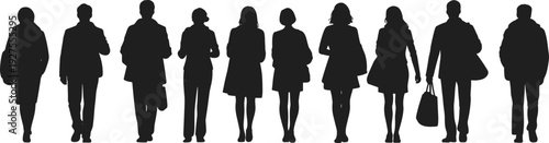 Business people walking silhouettes collection, men and women professional figures isolated on white background for corporate and urban lifestyle design