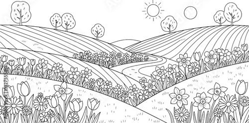 Charming springtime landscape coloring page featuring rolling hills vibrant wildflowers and a sunny sky above