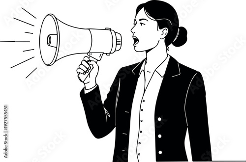Woman in Suit Holds Megaphone Announcing News Loudly in Black and White Line Art