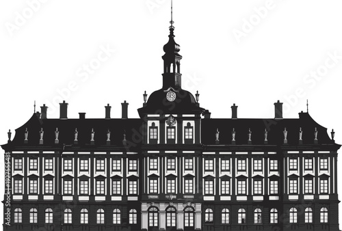 Historic baroque palace with dome and clock tower, ornate european architecture facade isolated vector illustration