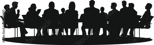 Business team meeting silhouette at conference table, corporate discussion concept, diverse professionals collaboration, black vector illustration isolated on white background