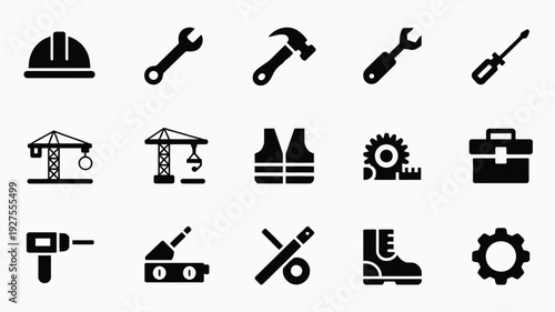 Minimalist flat design logo collection featuring various industrial and construction tools and symbols on a white background