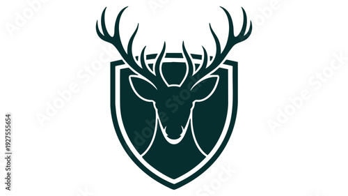 Emblematic shield featuring a stylized deer head with large antlers in dark teal and white.
