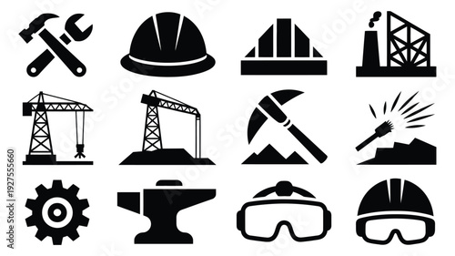Collection of 12 bold labor day silhouettes featuring construction and industrial icons on white background