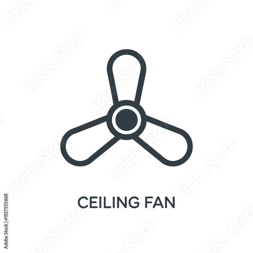 Simple illustration of a dark blue ceiling fan with text below