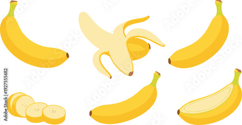 Banana Vector Illustration Set with Whole, Peeled, Sliced, and Cut Tropical Yellow Fruits Isolated for Fresh Healthy Food Design