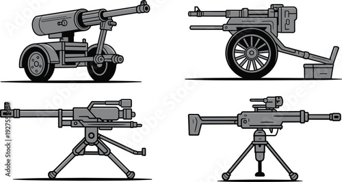 Historic military artillery weapons collection vector illustration, vintage cannon and machine gun equipment isolated set design