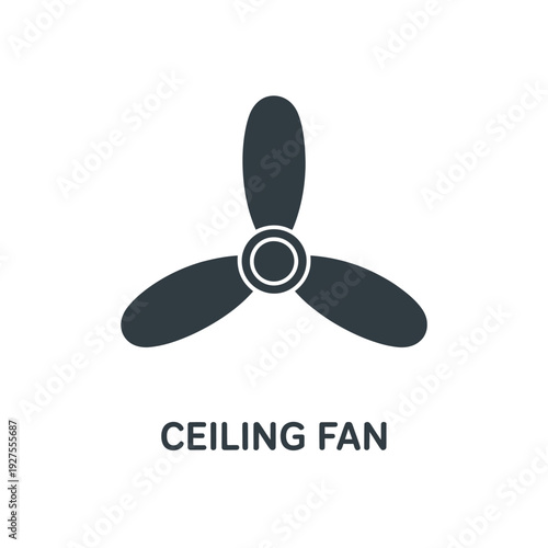 Simple graphic of a dark blue three blade ceiling fan with text