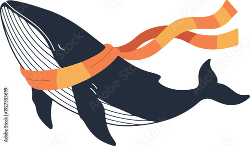 Whale Wearing Scarf Minimal Flat Design Isolated