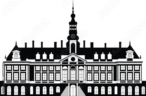 Historic palace building with clock tower, classical european architecture facade isolated vector illustration
