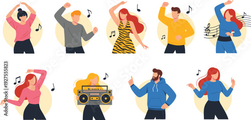 Young People Dancing to Music Vector Illustration Set with Trendy Men and Women Characters, Headphones, Boombox, and Musical Notes