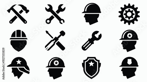 Collection of black and white construction icons including helmets tools and industrial symbols on a white background for industrial and safety concepts