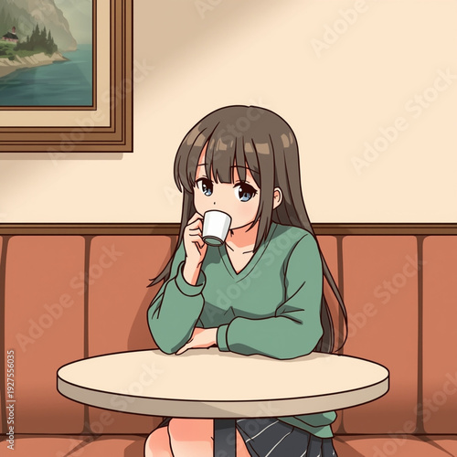 Young anime girl enjoying coffee at cafe table, cozy green sweater and striped skirt