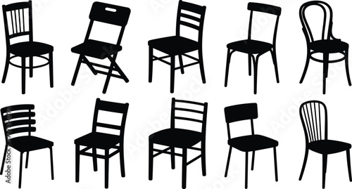Chair silhouette collection set, wooden dining and folding chairs isolated on white background for furniture interior design
