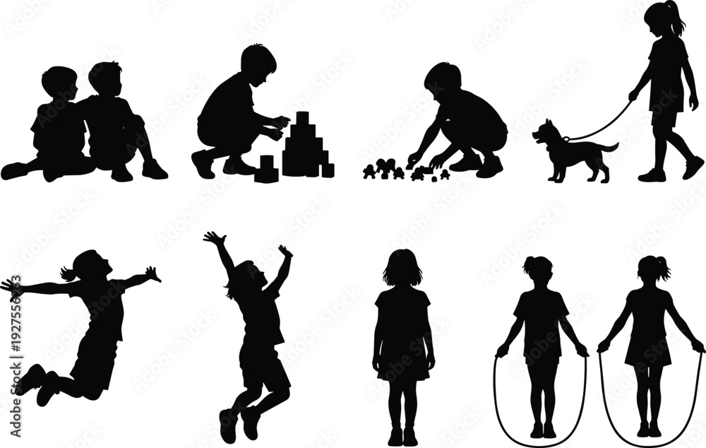 Obraz premium Children playing and jumping silhouettes set, kids daily activities and leisure poses collection, black vector illustration isolated