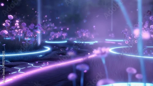 Futuristic neon bioluminescent garden adventure nighttime exploration digital art enchanting environment immersive viewpoint