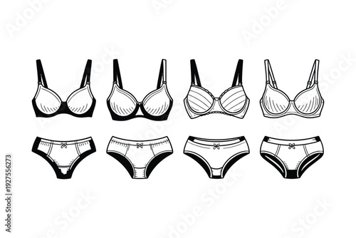 Lingerie set vector illustration of bras and panties in various styles