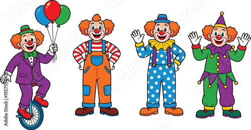 Colorful circus clown characters collection, happy cartoon performers with balloons and unicycle, isolated white background illustration