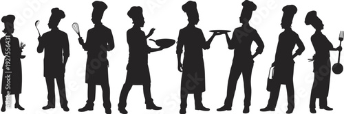 Chef silhouette vector illustration with kitchen utensils, culinary profession artwork, cooking design concept, restaurant inspiration, black food art lifestyle