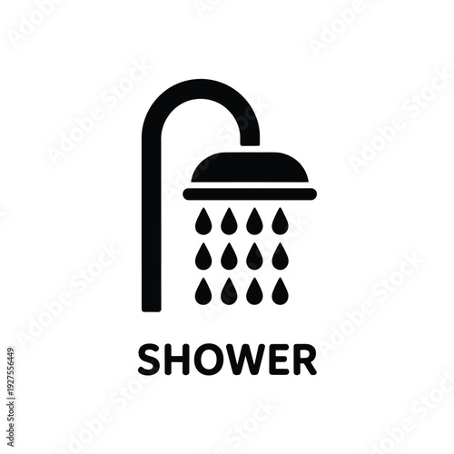 Simple black showerhead icon with water droplets and text label