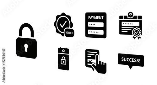Secure digital payment authentication and financial transaction protection icon collection illustrated in bold black silhouette vector style representing online payments card verification secure check