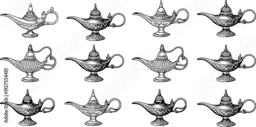 Magic lamp vintage illustration set, ornate genie oil lantern collection isolated for fantasy and Arabian design