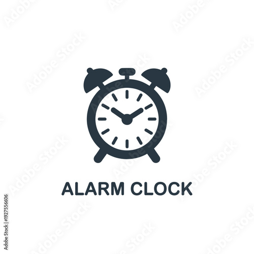 Simple graphic of a dark blue alarm clock with the text alarm clock