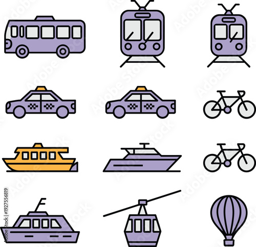 Blue outline transportation icon set featuring bus, tram, taxi, bicycle, boats, cable car and hot air balloon for urban mobility design projects