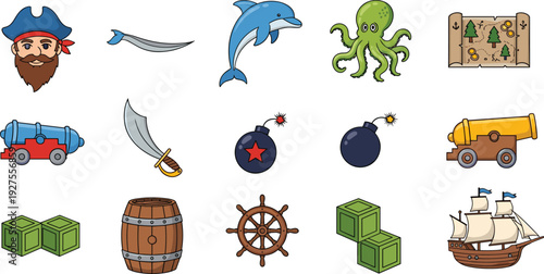 Large collection of pirate adventure icons including captain head dolphin octopus treasure map cannon sword bomb barrel ship and steering wheel on white background