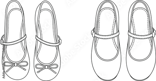 Girls Ballet Flats with Strap Technical CAD Drawing, Top View Flat Vector Illustration Footwear Design Template