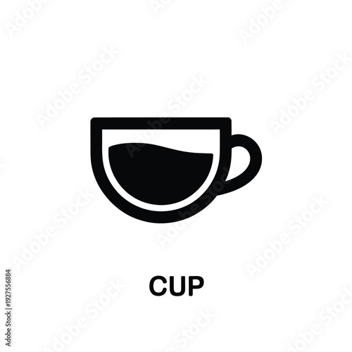 Simple black and white illustration of a coffee cup with liquid
