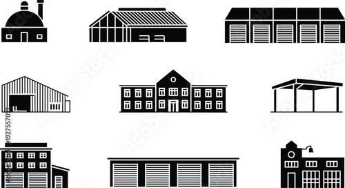 Industrial warehouse building icons set, factory and storage facility silhouettes collection, black vector illustration isolated