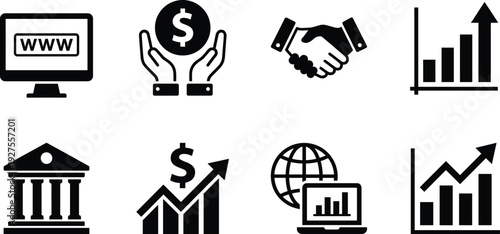 Business and finance icon set featuring web, banking, investment growth, partnership handshake, global analytics, and financial success symbols in flat vector illustration style