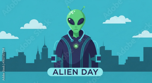 Green alien in futuristic cityscape on alien day with cloudy sky
