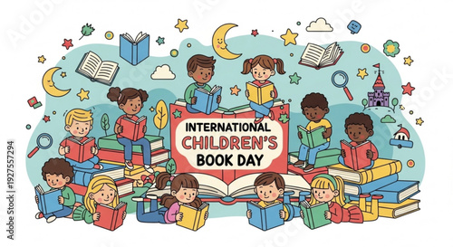 Children celebrating international children's book day with books and reading