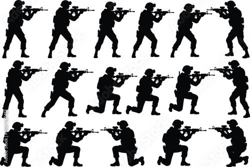 Military soldier silhouettes set, armed forces combat poses collection, black tactical vector illustration isolated