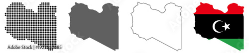 Libya country map vector set with dotted pattern solid silhouette outline and national flag illustration