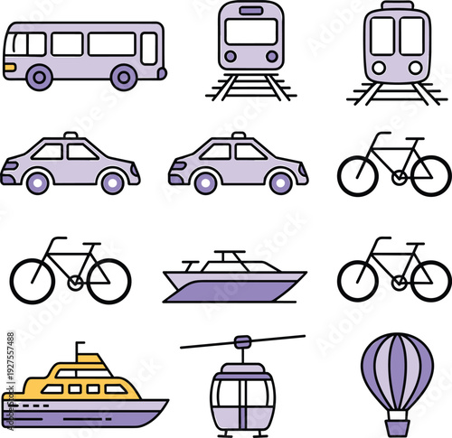 Collection of modern transportation icons including bus, train, cars, bicycle, boat, yacht, helicopter and hot air balloon in blue outline vector style