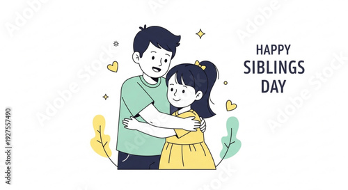 Happy siblings day brother and sister hugging yellow hearts sibling love family bonding cartoon illustration