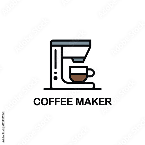 Simple line drawing depicts a coffee maker with a steaming cup